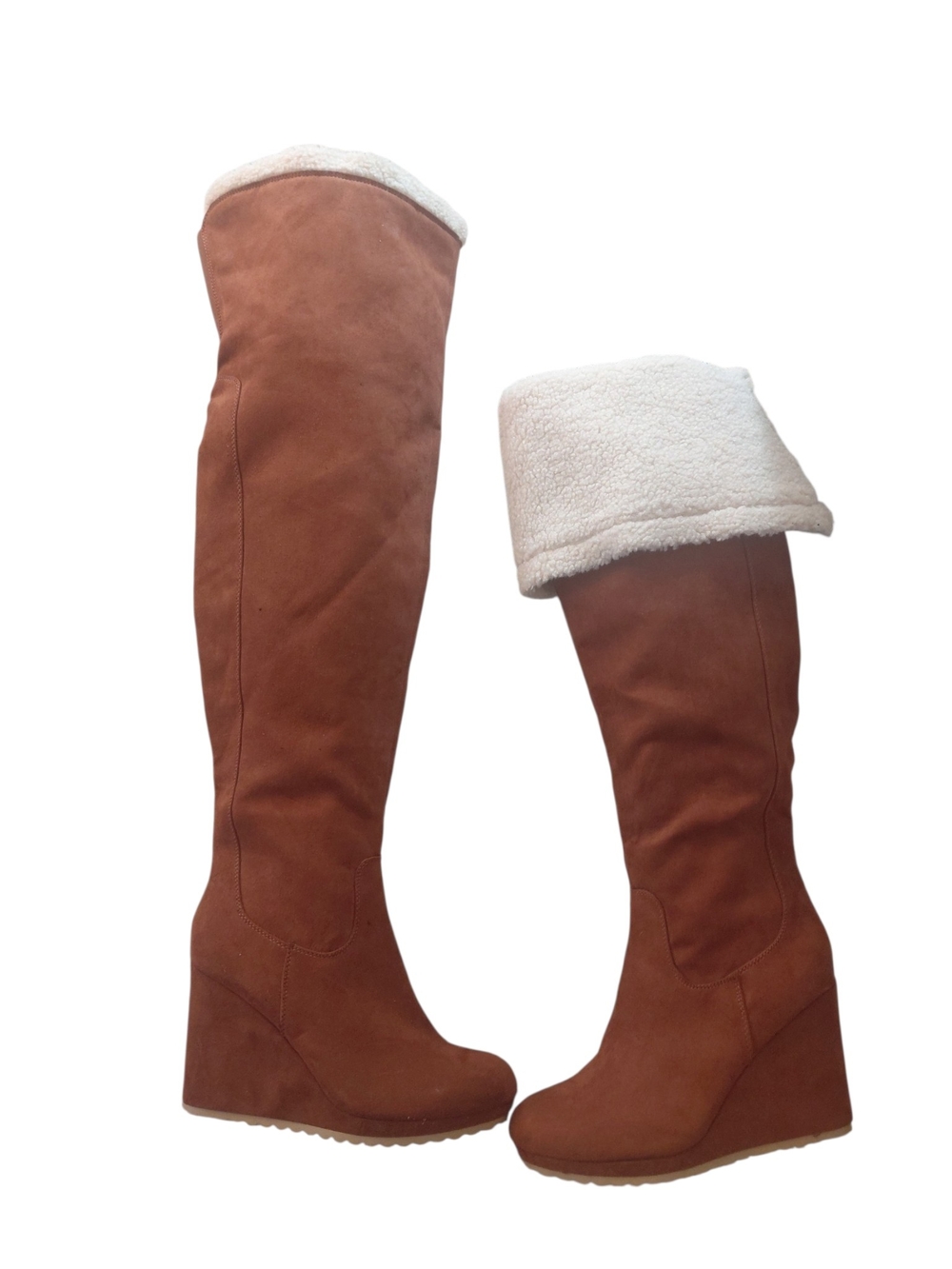 JF Brown Over-the-Knee Wedge Boots with Convertible Fold-Over Shearling Collar